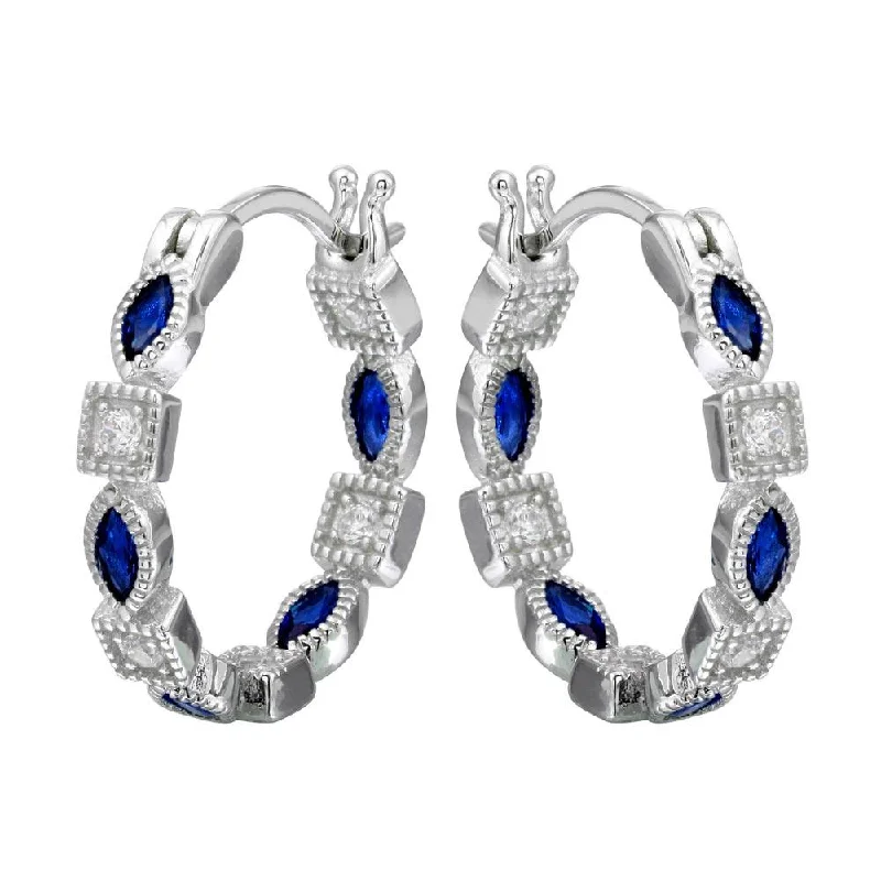 ladies-rose-gold-moon-earrings-Rhodium Plated 925 Sterling Silver Inner and Outer Blue Clear CZ Hoop Earrings - STE01122BLU