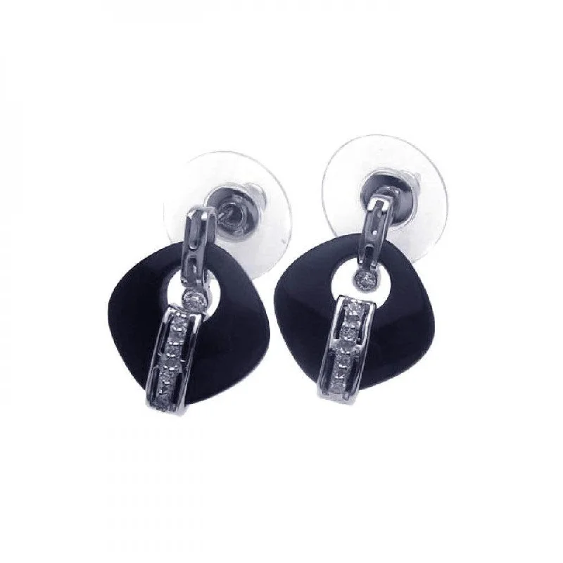 ladies-drop-tassel-earrings-Clearance-Silver 925 Rhodium Plated Square Onyx CZ Dangling Stud Earrings - BGE00109