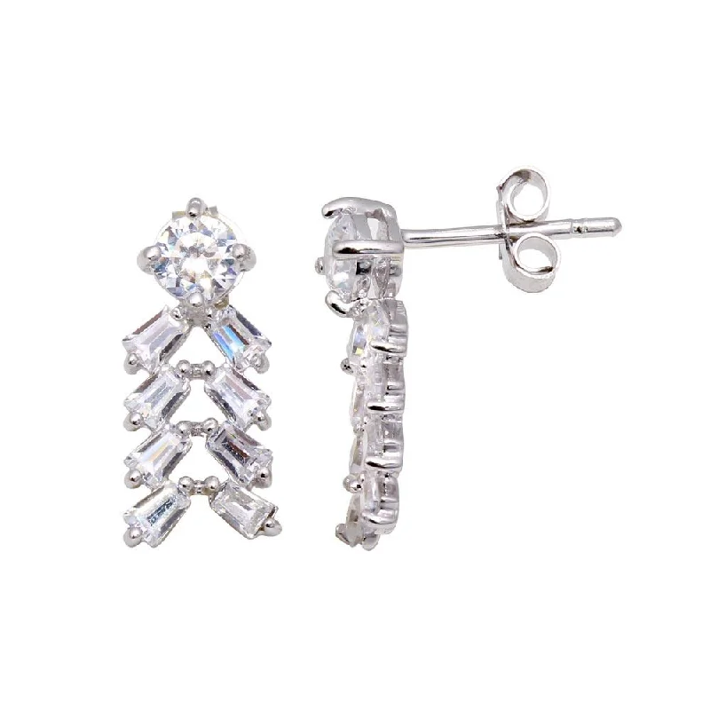 ladies-sterling-silver-flower-earrings-Silver 925 Rhodium Plated Rectangle Baguette CZ Chandelier Stud Earrings - STE00899