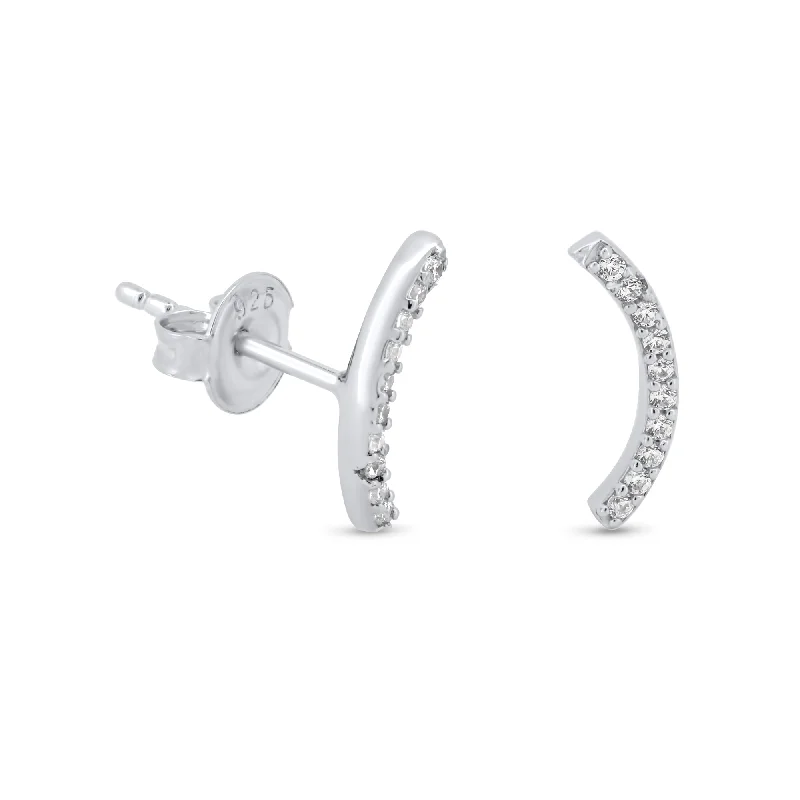 ladies-artisan-pearl-earrings-Rhodium Plated 925 Sterling Silver Half Circle CZ 12.3mm Stud Earrings - GME00136