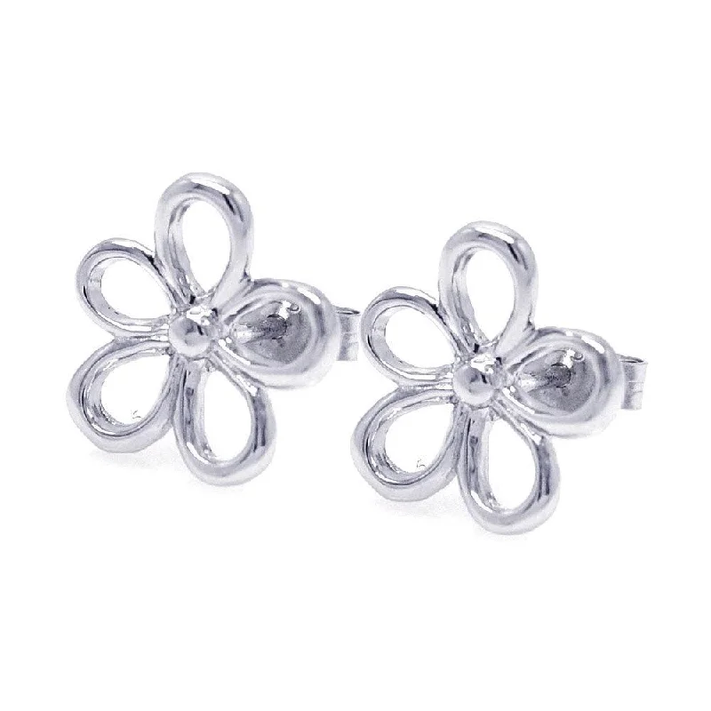 ladies-vintage-hoop-earrings-Silver 925 Rhodium Plated Open Flower One Clear CZ Stud Earrings - STE00748