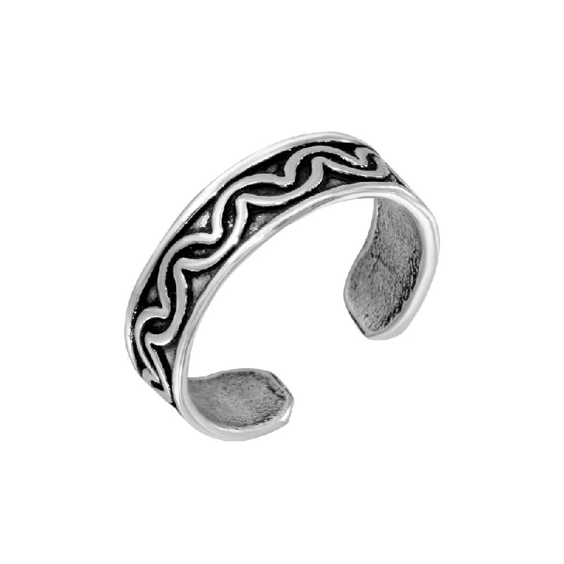 ladies ring name engraved band-Silver 925 Wave Designed Adjustable Toe Ring - TR155-A