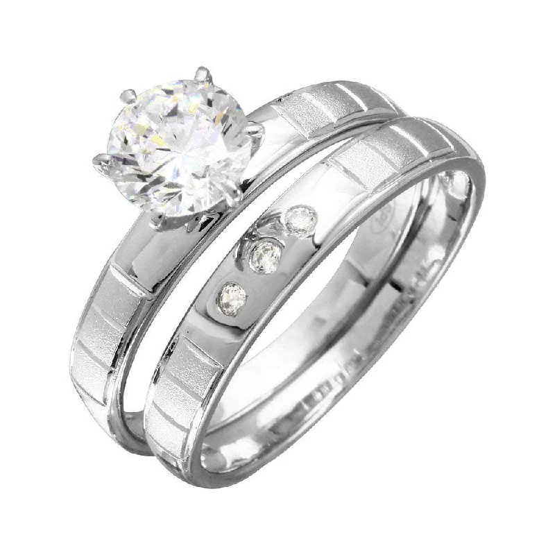 ladies ring unique vine pattern-Rhodium Plated 925 Sterling Silver Line Shank Design Bridal Trios Ring - GMR00188