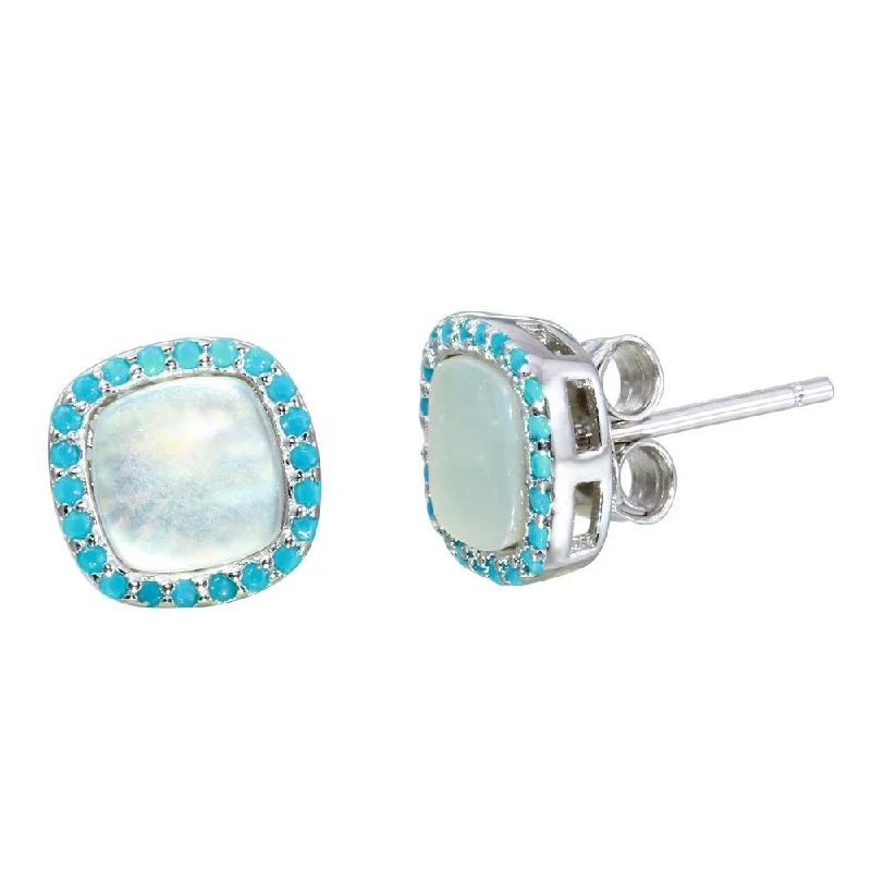 ladies-flower-stud-earrings-Rhodium Plated 925 Sterling Silver Square Opal Stud Earrings with Blue CZ - STE01117BLU