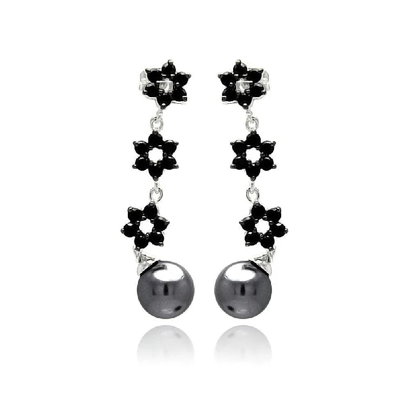 ladies-minimalist-earrings-Silver 925 Rhodium Plated Flower Round CZ Black Synthetic Pearl Dangling Stud Earrings - BGE00238