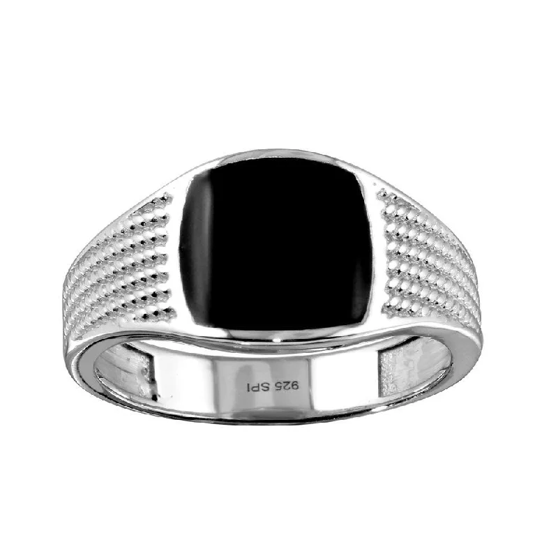 ladies ring tropical palm detail-Rhodium Plated 925 Sterling Silver Black Enamel Rope Design Shank Ring - SOR00002