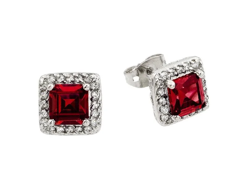 ladies-star-earrings-Silver 925 Rhodium Plated Red Square CZ Stud Earrings - BGE00359R