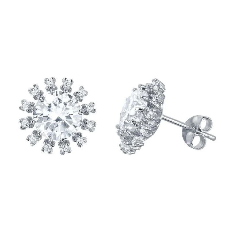 ladies-sterling-silver-star-earrings-Silver 925 Rhodium Plated Round CZ Radial Stud Earrings - BGE00453